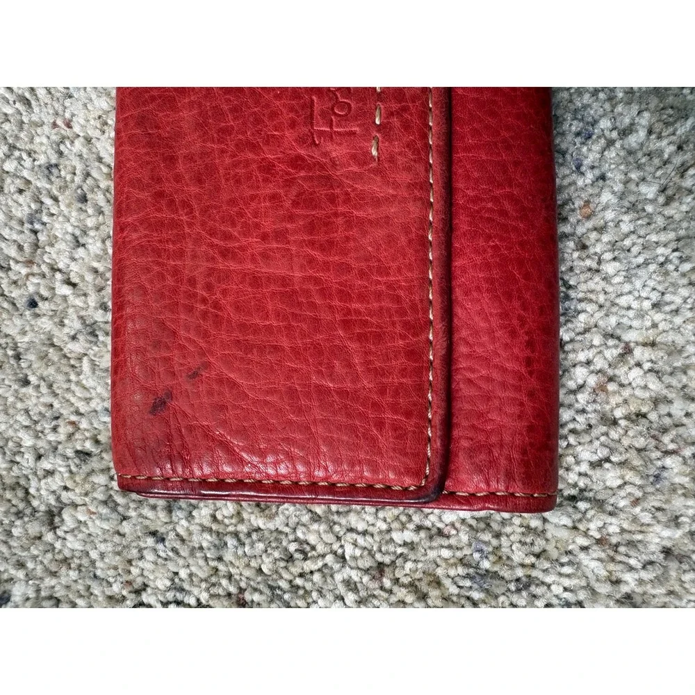 Fossil Womens Trifold Wallet Red Pebbled Genuine Leather Vintage Boho Classic